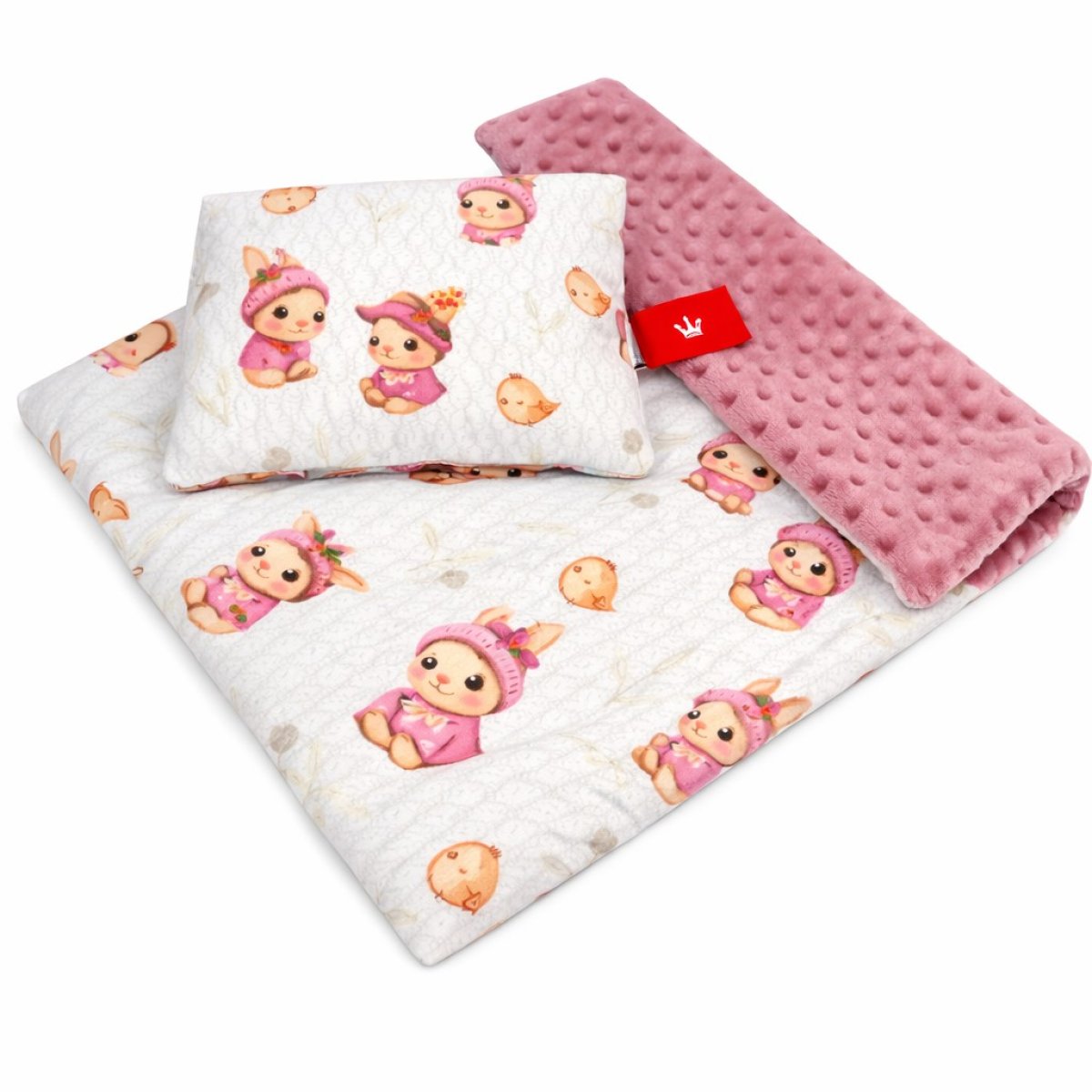 Vankúšik + deka do kočíka minky - zajačik/ ružová produkt