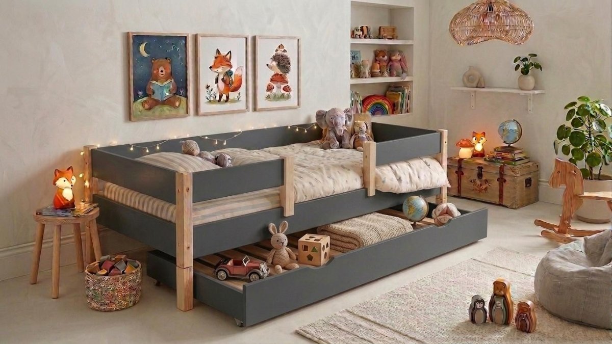 Posteľ Montessori 2v1 Alf 90/200 cm + rošt ZADARMO + šuplík sivá/sosna produkt